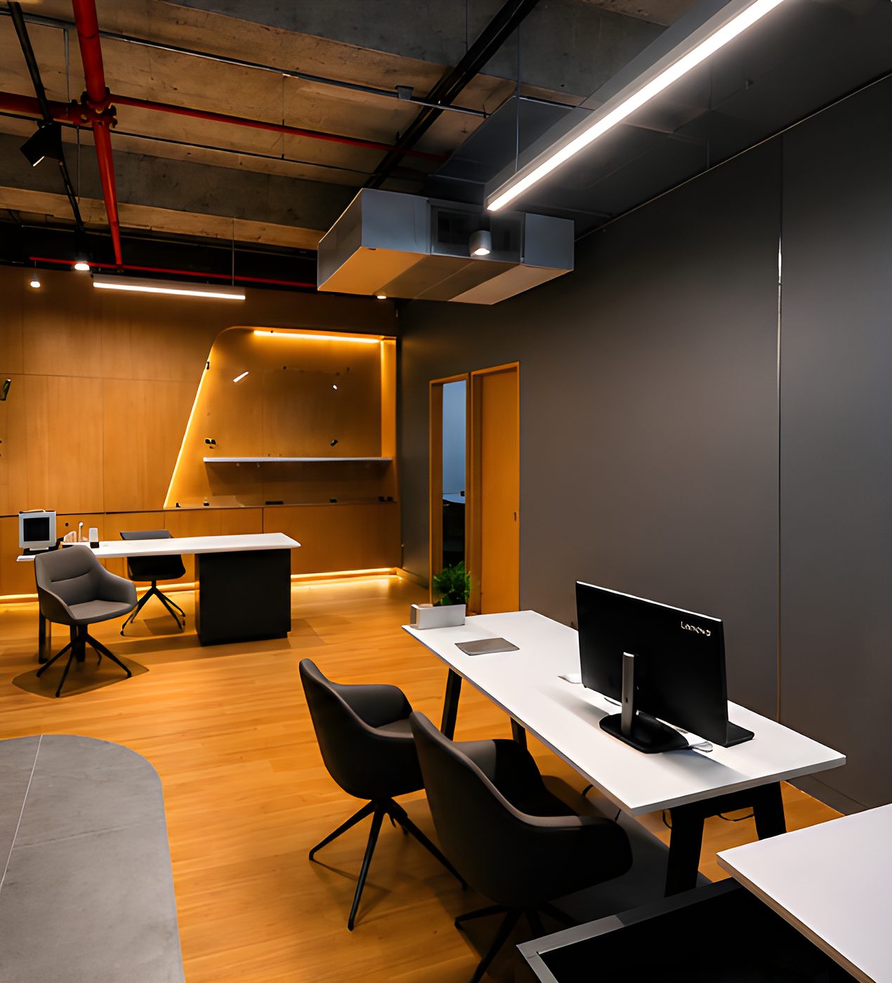 Oficina terminada con iluminación lineal y madera
